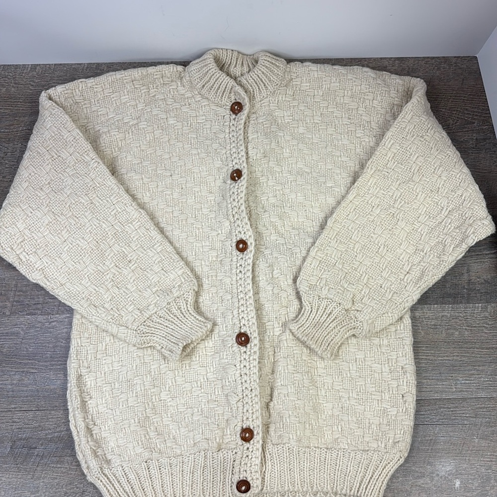 Inca Trail 100% Wool Cream Chunky Knit Cardigan Sweater-Made in Ecuador L/XL